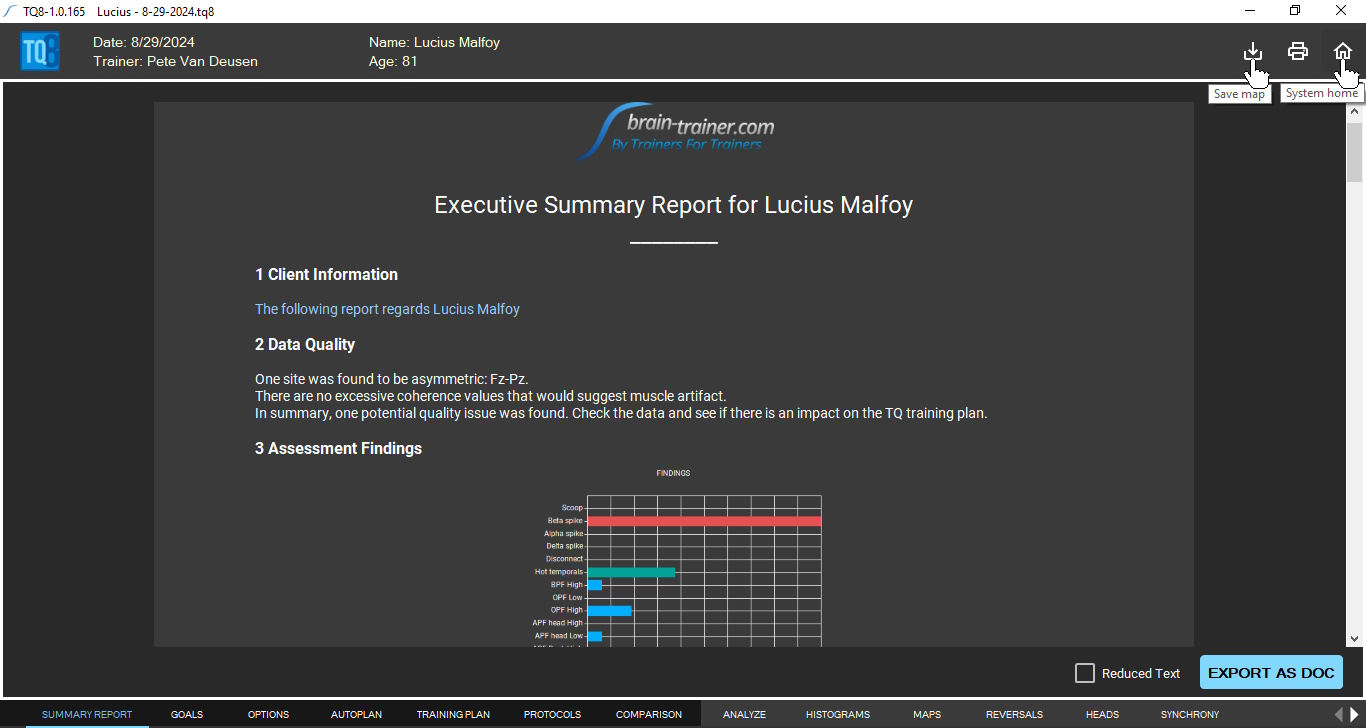 summary report with save and home icons