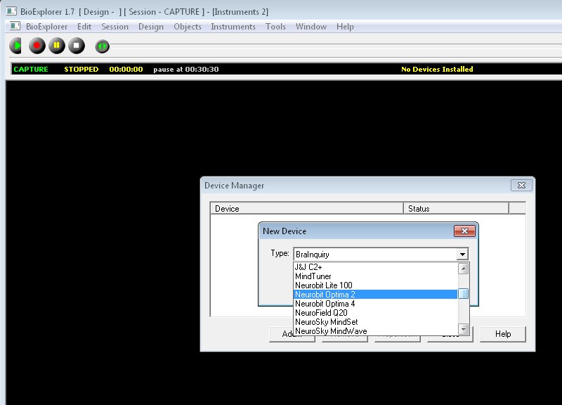 selecting Optima 2 in BioExplorer devices