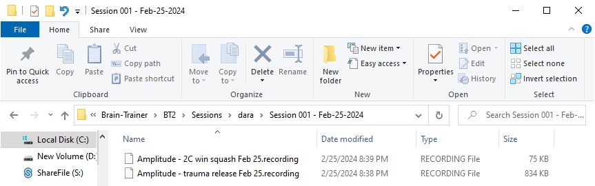 sessions folder with 2 recordings